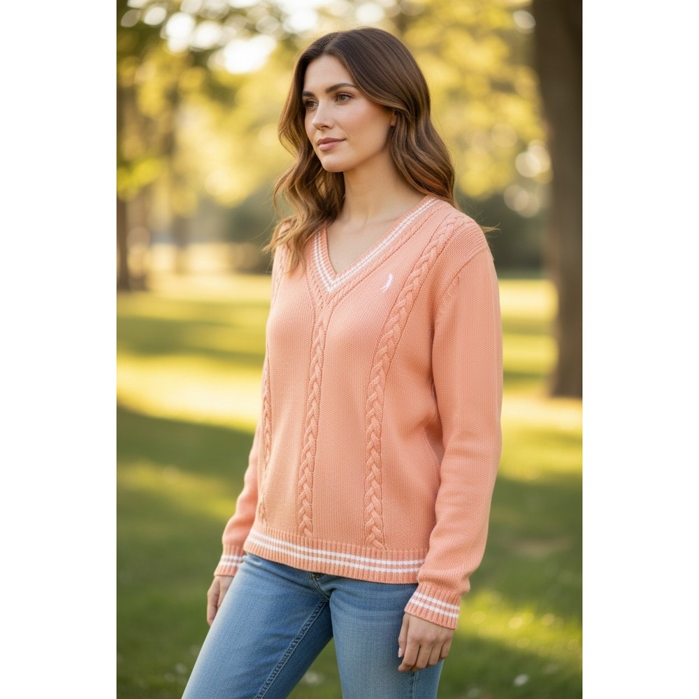 IZOD Sweater Womens Medium Peach Cable Knit V-Neck Cotton Striped Preppy M